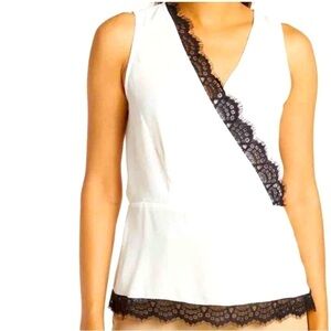 NWT Pleione Lace-trimmed Peplum Blouse Women’s Size M Surplice Neck White